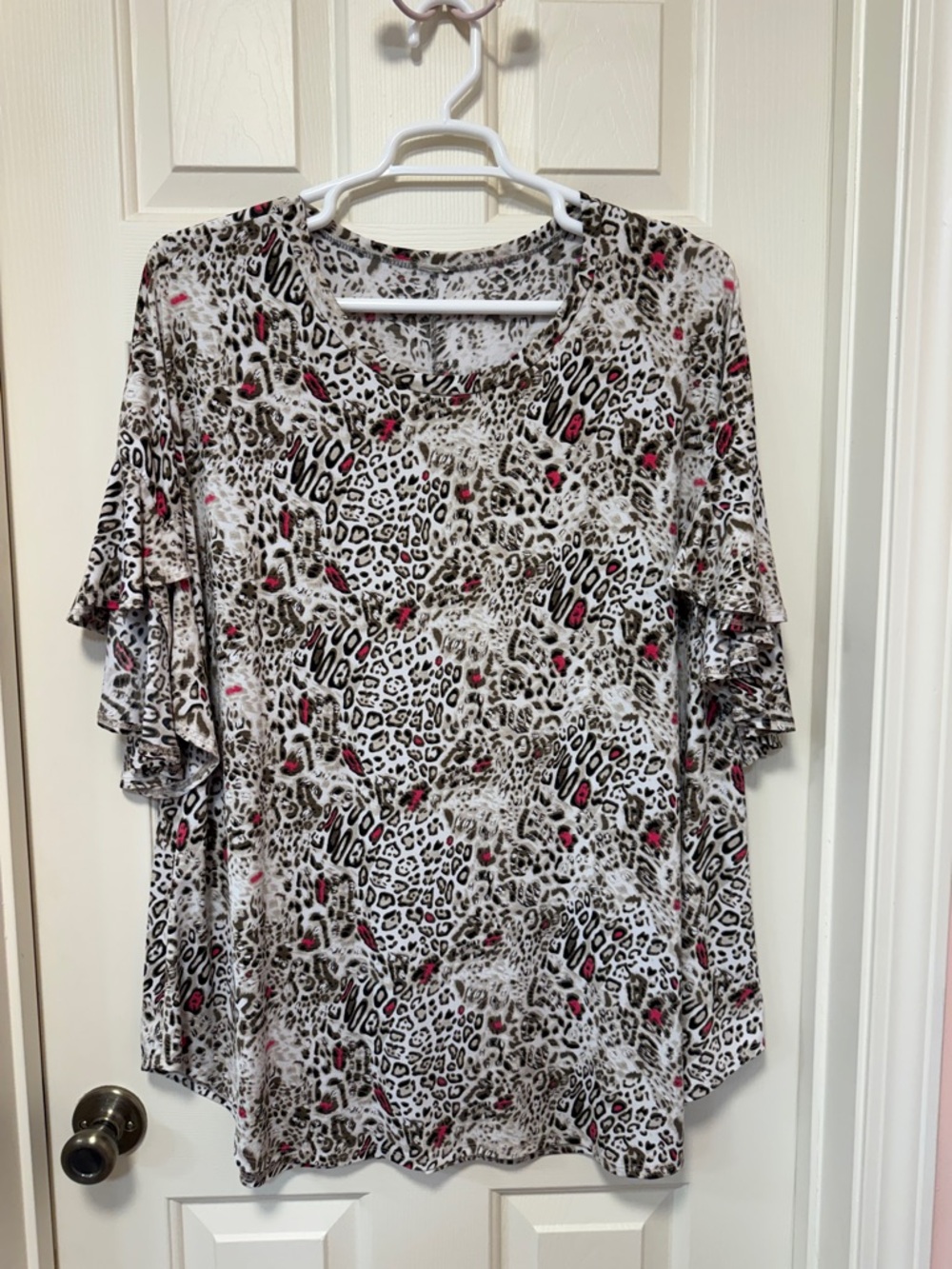 Leopard Print Ruffle Sleeve Tunic in Beige with Pink Accents